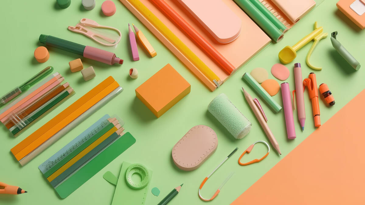 Assorted office and school white orange and green stationery supply on pastel trendy background.