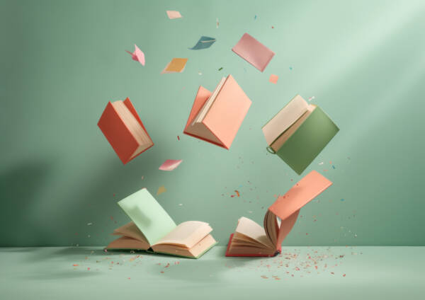 Open books flying and falling around on a pastel mint background.