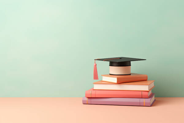 Stack of book on the pastel background with graduation hat on the top