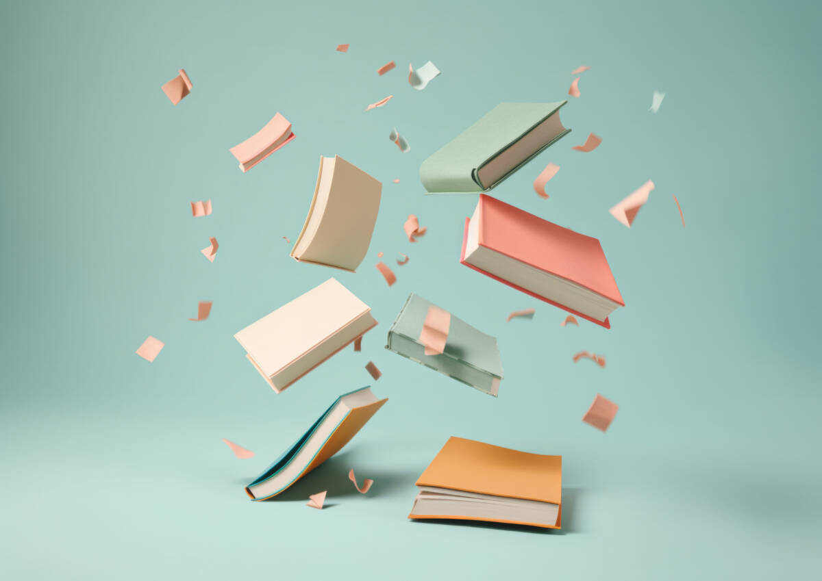 Open books flying and falling around on a pastel mint background. Generative AI