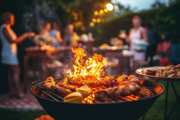 Evening barbecue party with grilled meat and vegetables.