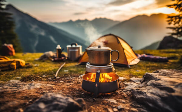 Camp fire and tea pot, tent and mountains in the background at sunset. Travel concept and Hobbies