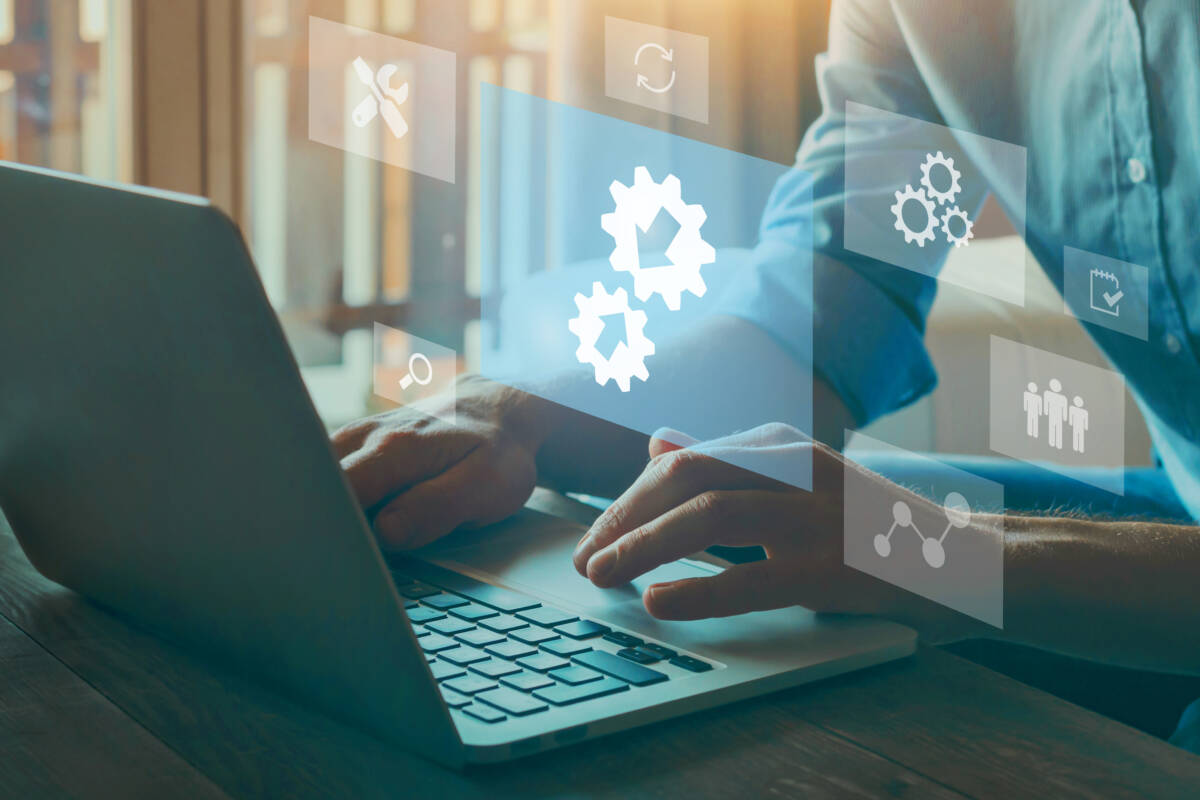 Integration concept, data system technology concept, integration icon with gears