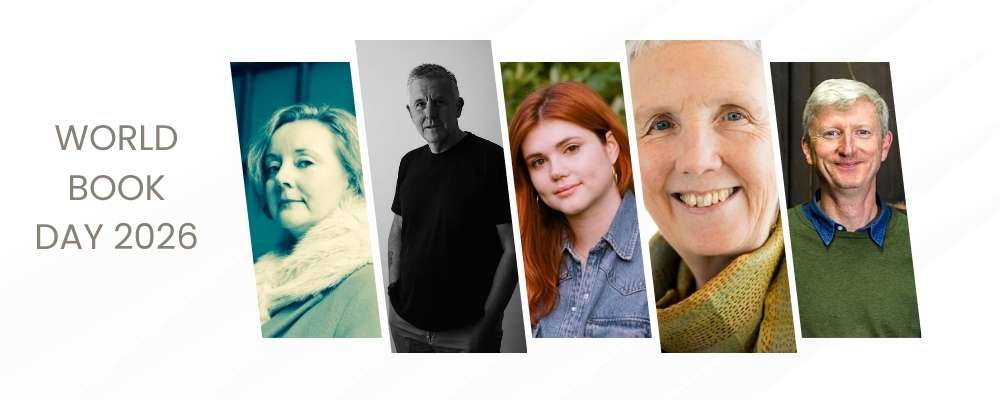 A montage of headshots of Emma Flint, Trevor Wood, Eliza Clark, Ann Cleeves, and Harry Pearson.